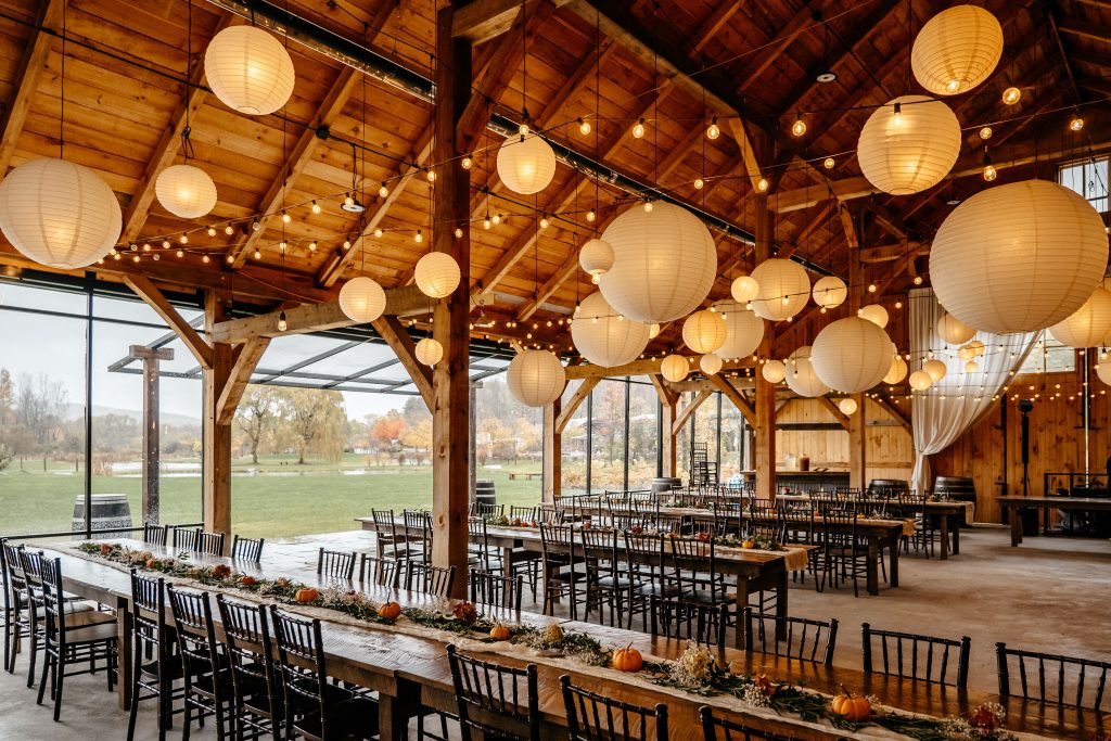One of many Gables and Gardens photos is this reception venue decorated beautifully on a rainy day